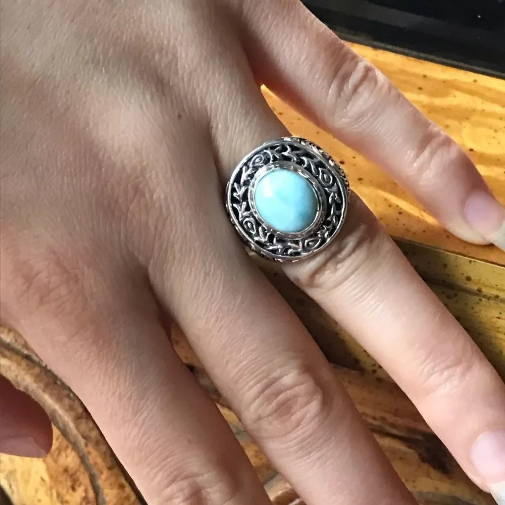 Natural Larimar Sterling Silver Ring Size 6